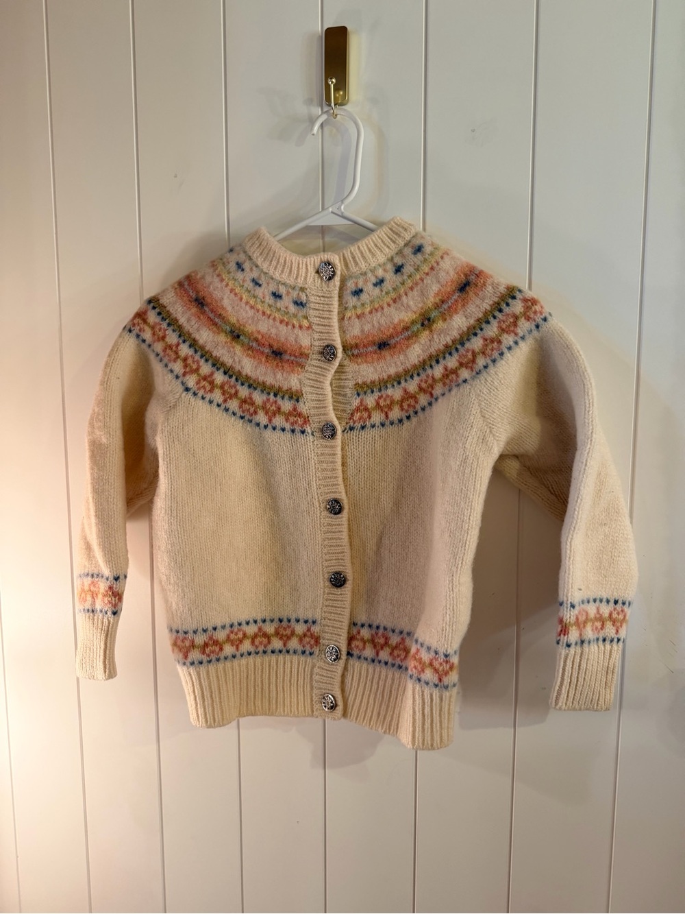 Vintage 100% Shetland Wool Fair Isle Cardigan Sweater Cream Women’s Small